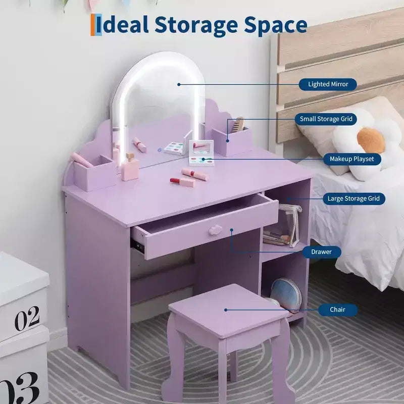 Kids Vanity Set with Mirror, 2 In 1 Little Girls Vanity Table & Stool, Kids Makeup Desk with Drawer, Dressing Table with Open Shelves for 3-9