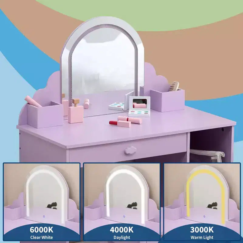 Kids Vanity Set with Mirror, 2 In 1 Little Girls Vanity Table & Stool, Kids Makeup Desk with Drawer, Dressing Table with Open Shelves for 3-9