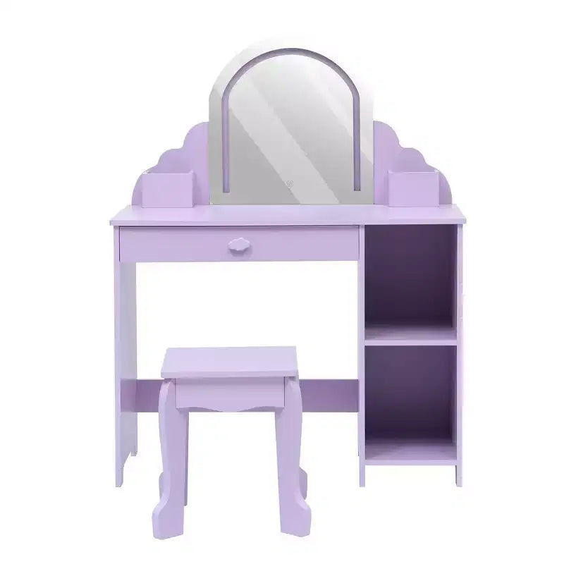 Kids Vanity Set with Mirror, 2 In 1 Little Girls Vanity Table & Stool, Kids Makeup Desk with Drawer, Dressing Table with Open Shelves for 3-9
