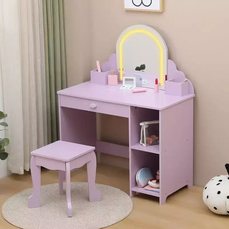Kids Vanity Set with Mirror, 2 In 1 Little Girls Vanity Table & Stool, Kids Makeup Desk with Drawer, Dressing Table with Open Shelves for 3-9