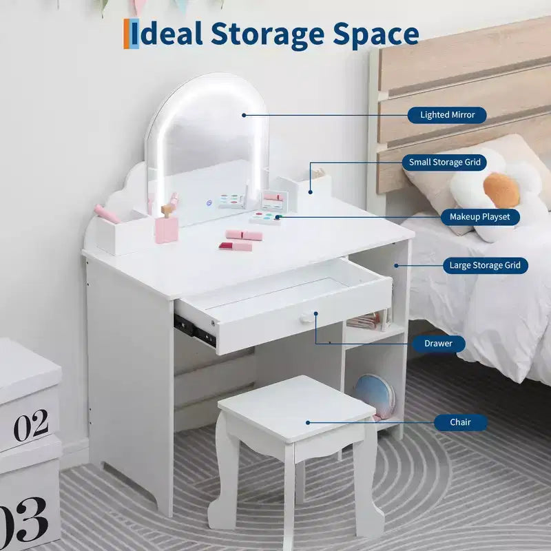 Kids Vanity Set with Mirror, 2 In 1 Little Girls Vanity Table & Stool, Kids Makeup Desk with Drawer, Dressing Table with Open Shelves for 3-9