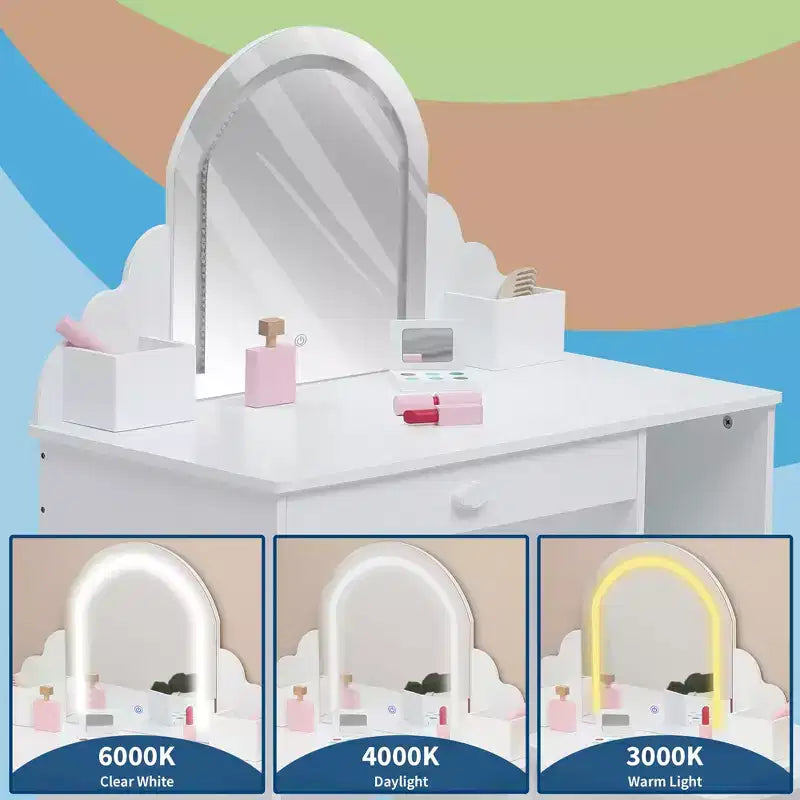 Kids Vanity Set with Mirror, 2 In 1 Little Girls Vanity Table & Stool, Kids Makeup Desk with Drawer, Dressing Table with Open Shelves for 3-9