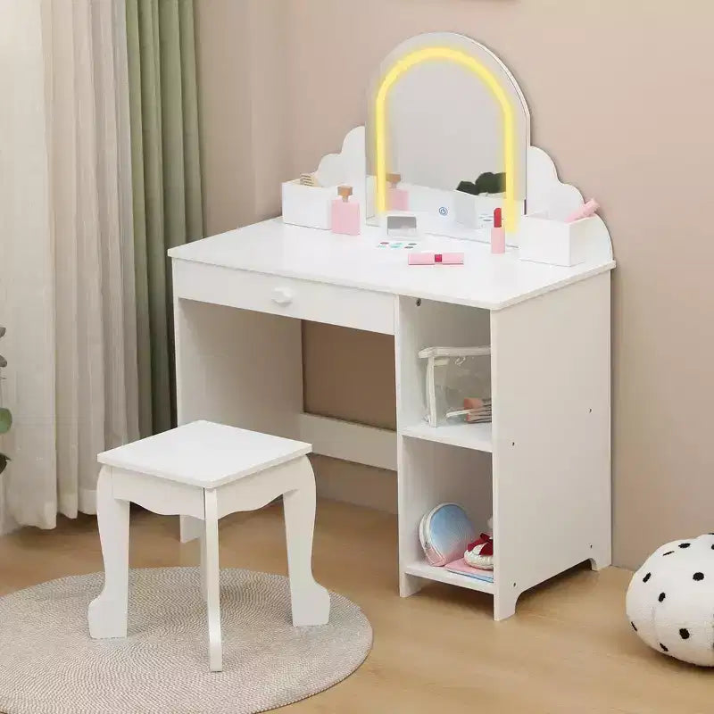 Kids Vanity Set with Mirror, 2 In 1 Little Girls Vanity Table & Stool, Kids Makeup Desk with Drawer, Dressing Table with Open Shelves for 3-9