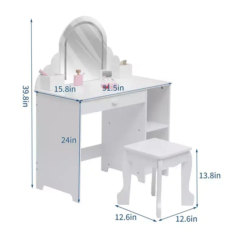 Kids Vanity Set with Mirror, 2 In 1 Little Girls Vanity Table & Stool, Kids Makeup Desk with Drawer, Dressing Table with Open Shelves for 3-9