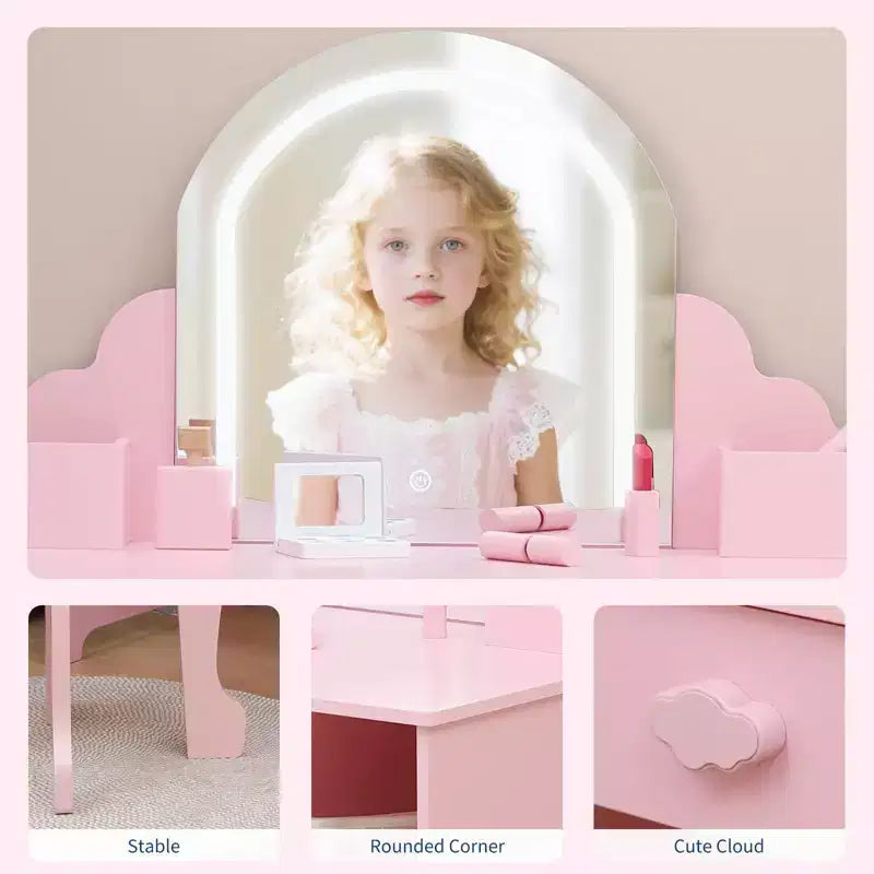 Kids Vanity Set with Mirror, 2 In 1 Little Girls Vanity Table & Stool, Kids Makeup Desk with Drawer, Dressing Table with Open Shelves for 3-9