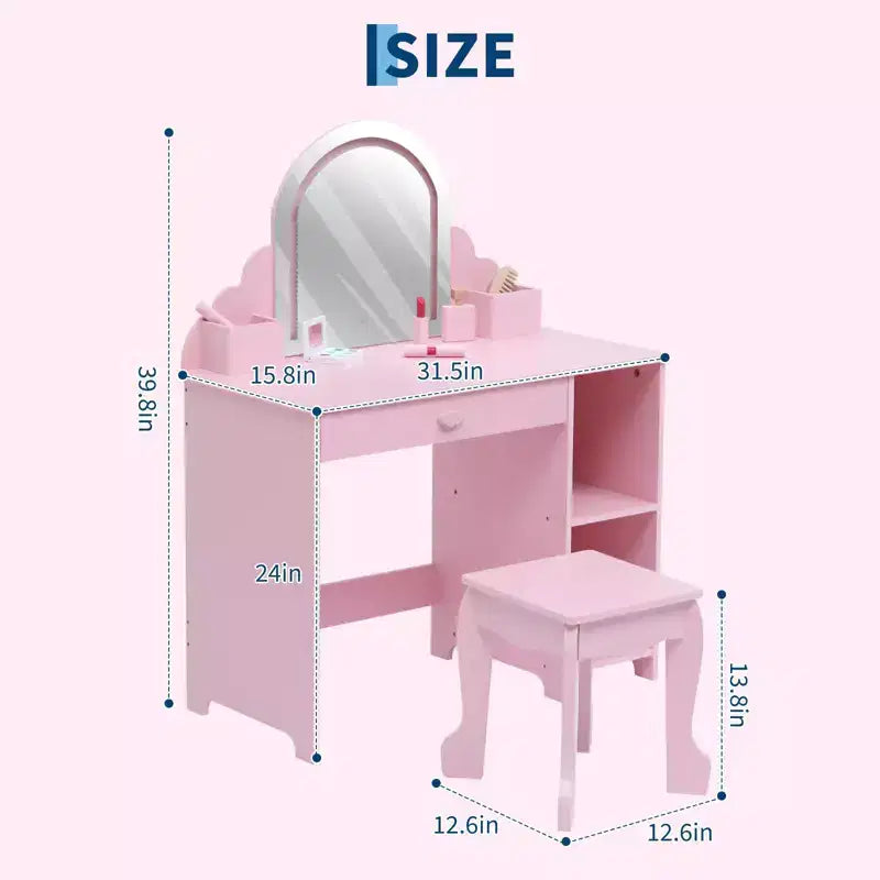 Kids Vanity Set with Mirror, 2 In 1 Little Girls Vanity Table & Stool, Kids Makeup Desk with Drawer, Dressing Table with Open Shelves for 3-9