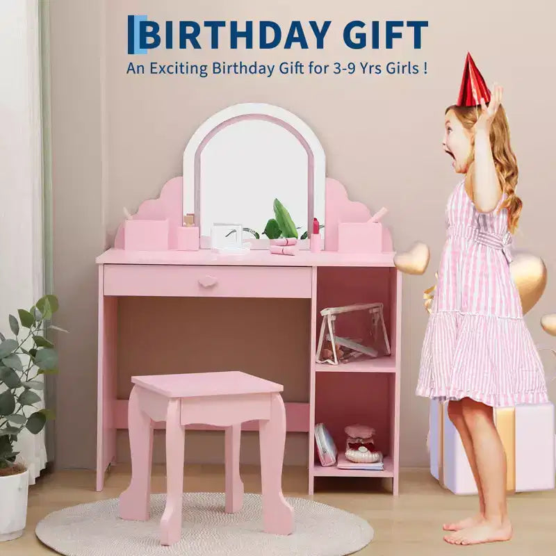 Kids Vanity Set with Mirror, 2 In 1 Little Girls Vanity Table & Stool, Kids Makeup Desk with Drawer, Dressing Table with Open Shelves for 3-9