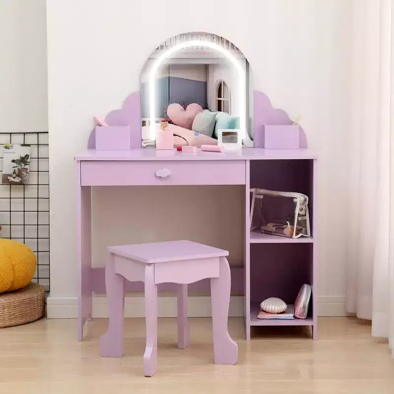 Kids Vanity Set with Mirror, 2 In 1 Little Girls Vanity Table & Stool, Kids Makeup Desk with Drawer, Dressing Table with Open Shelves for 3-9