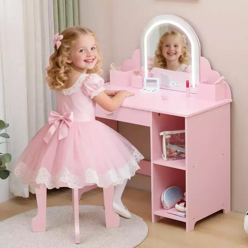 Kids Vanity Set with Mirror, 2 In 1 Little Girls Vanity Table & Stool, Kids Makeup Desk with Drawer, Dressing Table with Open Shelves for 3-9
