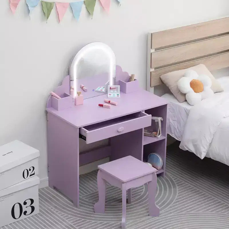 Kids Vanity Set with Mirror, 2 In 1 Little Girls Vanity Table & Stool, Kids Makeup Desk with Drawer, Dressing Table with Open Shelves for 3-9