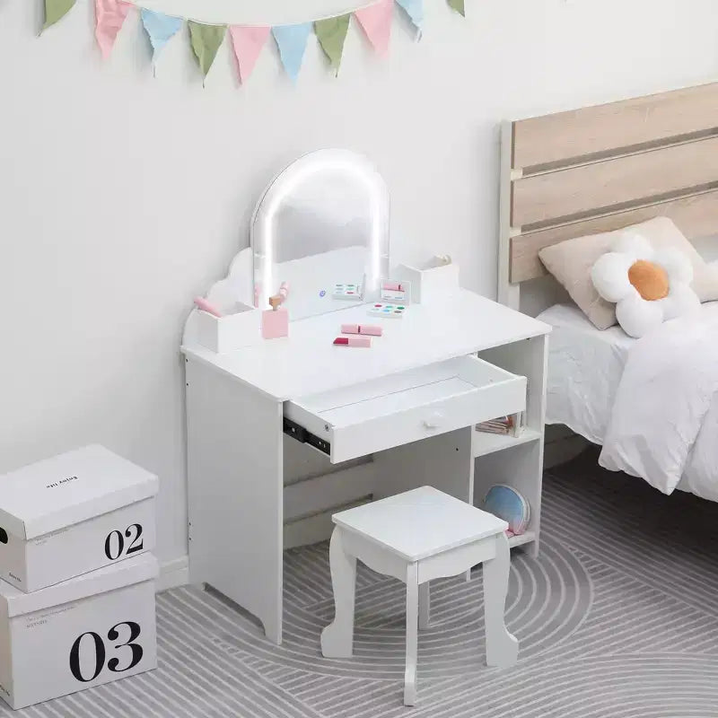 Kids Vanity Set with Mirror, 2 In 1 Little Girls Vanity Table & Stool, Kids Makeup Desk with Drawer, Dressing Table with Open Shelves for 3-9