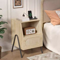 VINGLI Rattan Nightstands Set of 2 with Charging Station, 17.6 W Boho Nightstand with Drawer, Wood Nightstand Bedroom