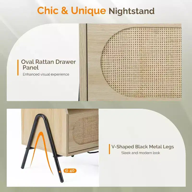 VINGLI Rattan Nightstands Set of 2 with Charging Station, 17.6 W Boho Nightstand with Drawer, Wood Nightstand Bedroom