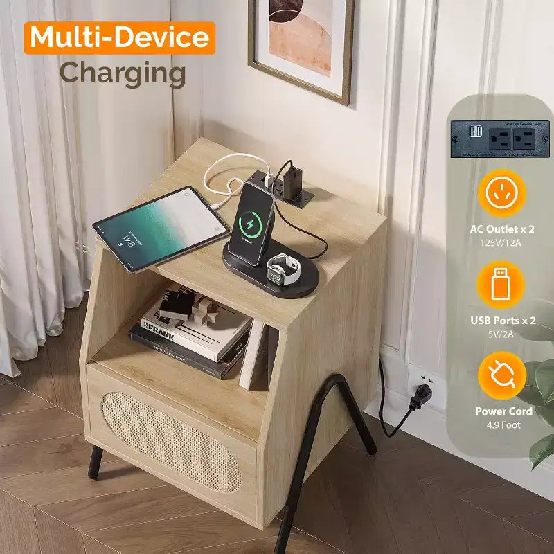 VINGLI Rattan Nightstands Set of 2 with Charging Station, 17.6 W Boho Nightstand with Drawer, Wood Nightstand Bedroom