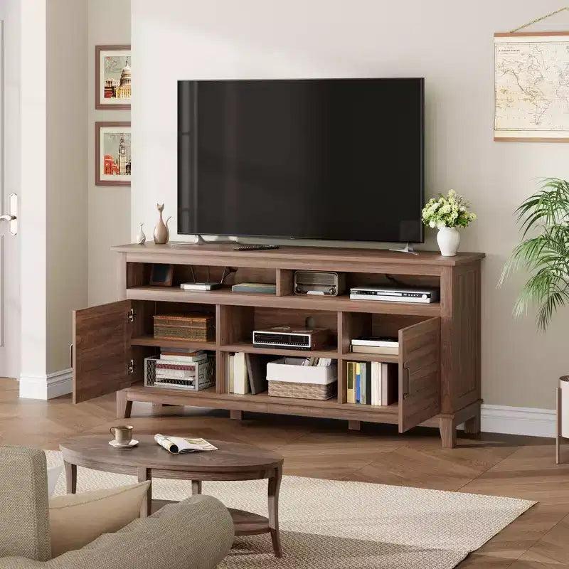 Meuble TV moderne TROPOW, meuble TV semi-ouvert à double porte avec étagères réglables, centre de divertissement avec 8 compartiments de rangement