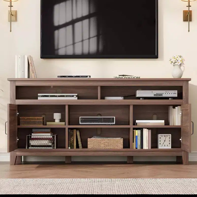 Meuble TV moderne TROPOW, meuble TV semi-ouvert à double porte avec étagères réglables, centre de divertissement avec 8 compartiments de rangement