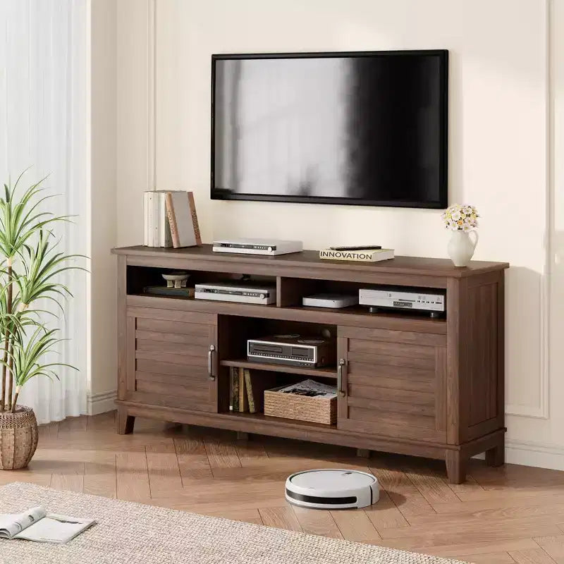 Meuble TV moderne TROPOW, meuble TV semi-ouvert à double porte avec étagères réglables, centre de divertissement avec 8 compartiments de rangement