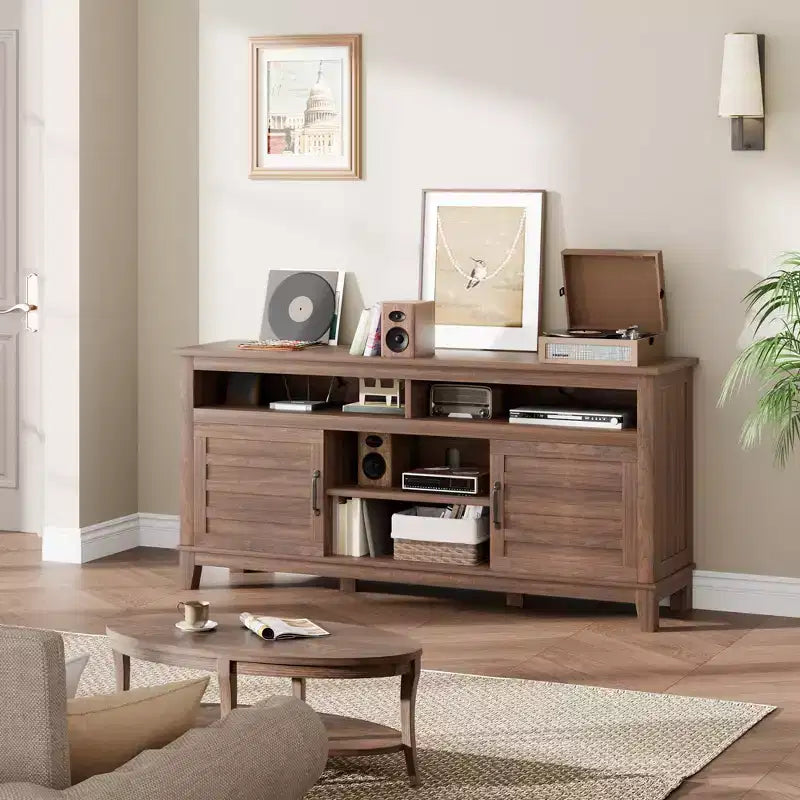 Meuble TV moderne TROPOW, meuble TV semi-ouvert à double porte avec étagères réglables, centre de divertissement avec 8 compartiments de rangement