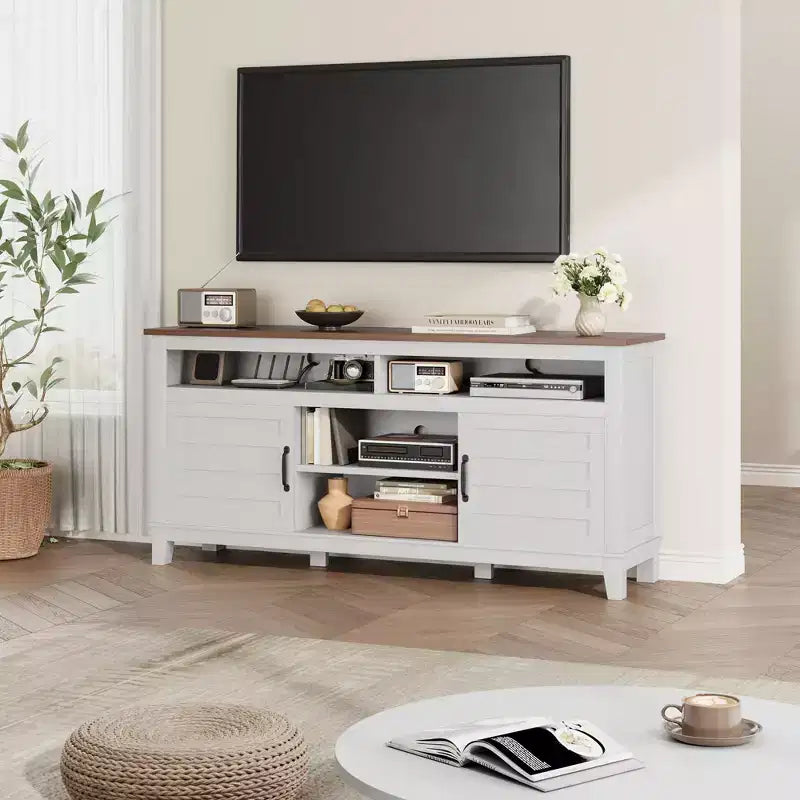 Meuble TV moderne TROPOW, meuble TV semi-ouvert à double porte avec étagères réglables, centre de divertissement avec 8 compartiments de rangement