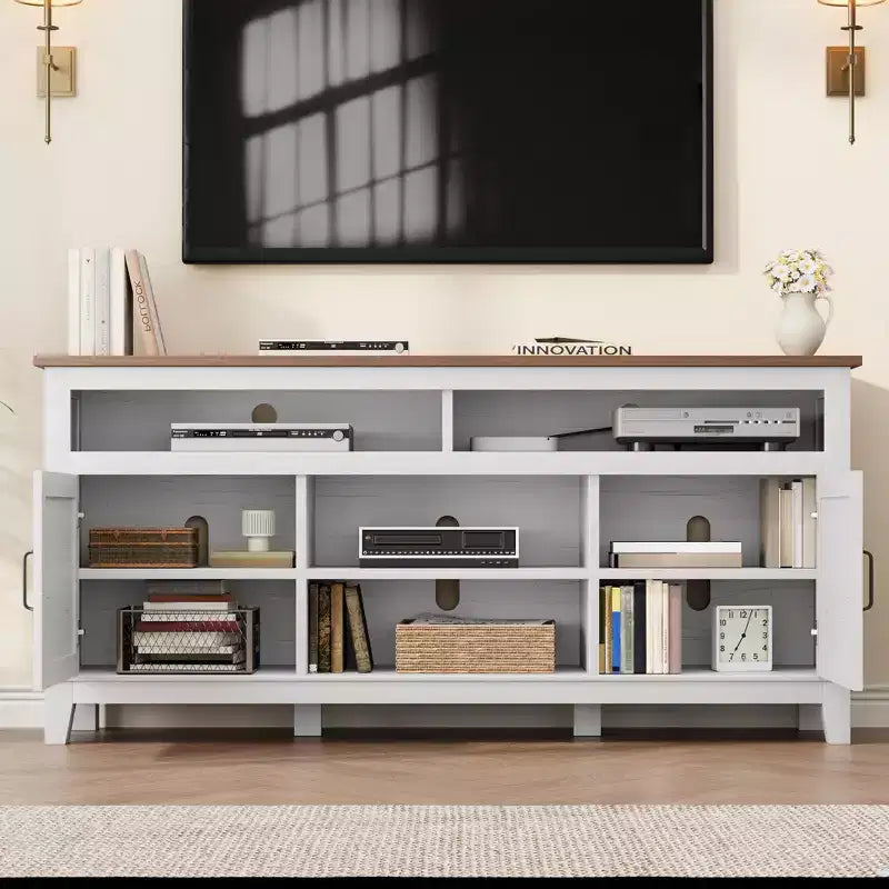 Meuble TV moderne TROPOW, meuble TV semi-ouvert à double porte avec étagères réglables, centre de divertissement avec 8 compartiments de rangement