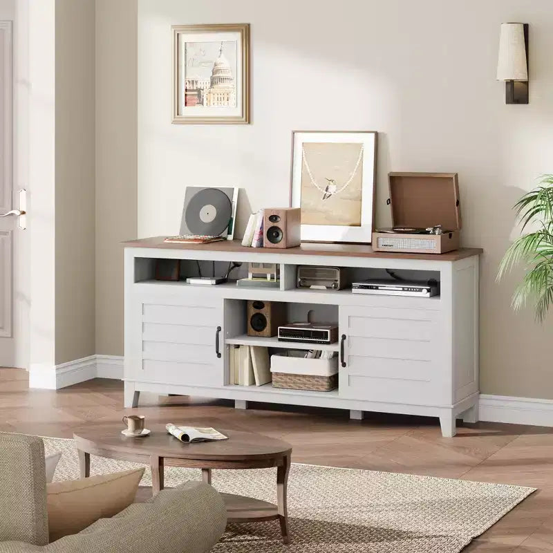 Meuble TV moderne TROPOW, meuble TV semi-ouvert à double porte avec étagères réglables, centre de divertissement avec 8 compartiments de rangement