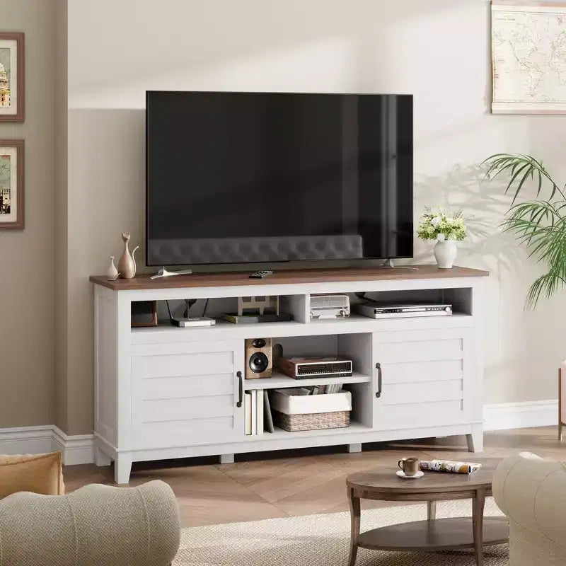 Meuble TV moderne TROPOW, meuble TV semi-ouvert à double porte avec étagères réglables, centre de divertissement avec 8 compartiments de rangement