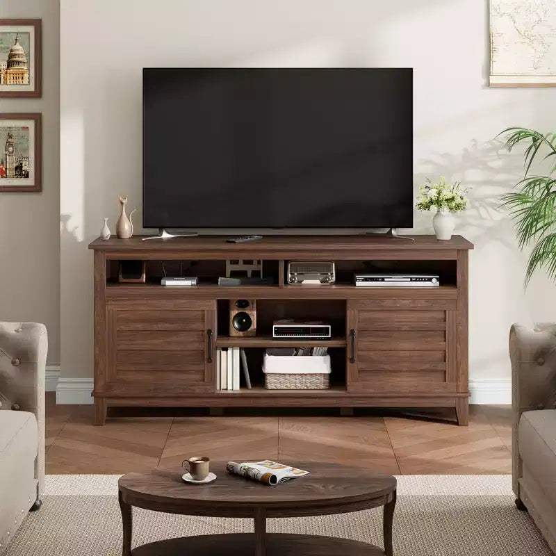 Meuble TV moderne TROPOW, meuble TV semi-ouvert à double porte avec étagères réglables, centre de divertissement avec 8 compartiments de rangement