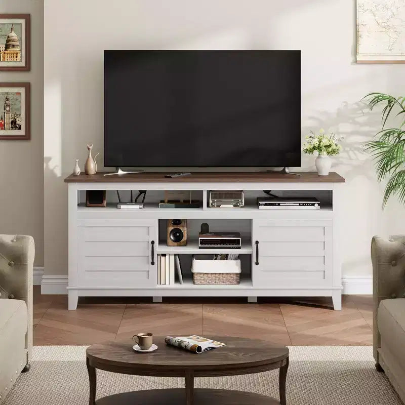 TROPOW Modern TV Stand TV Semi-Open Double Door Cabinet with Adjustable Shelves  Entertainment Center with 8 Storage Compartments