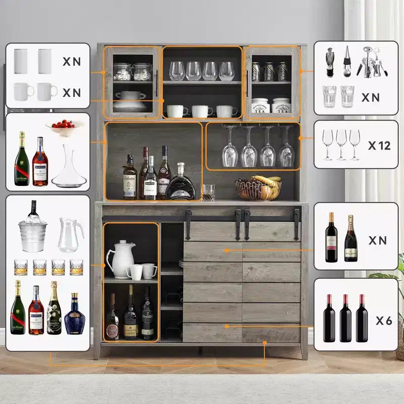 70'' Farmhouse Coffee Bar Cabinet, Liquor Cabinet with Glass Doors & Wine Racks, Kitchen Hutch Buffet Cabinet for Living Room Apartment