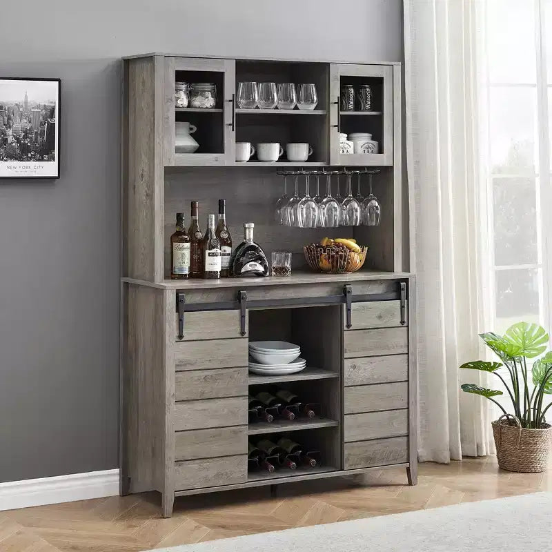70'' Farmhouse Coffee Bar Cabinet, Liquor Cabinet with Glass Doors & Wine Racks, Kitchen Hutch Buffet Cabinet for Living Room Apartment