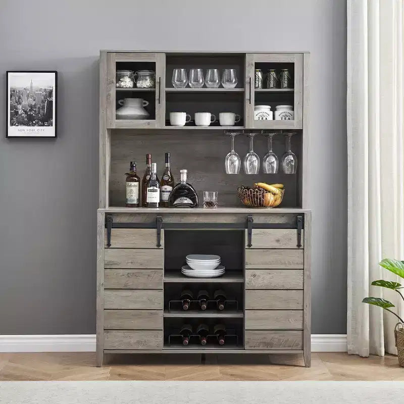 70'' Farmhouse Coffee Bar Cabinet, Liquor Cabinet with Glass Doors & Wine Racks, Kitchen Hutch Buffet Cabinet for Living Room Apartment