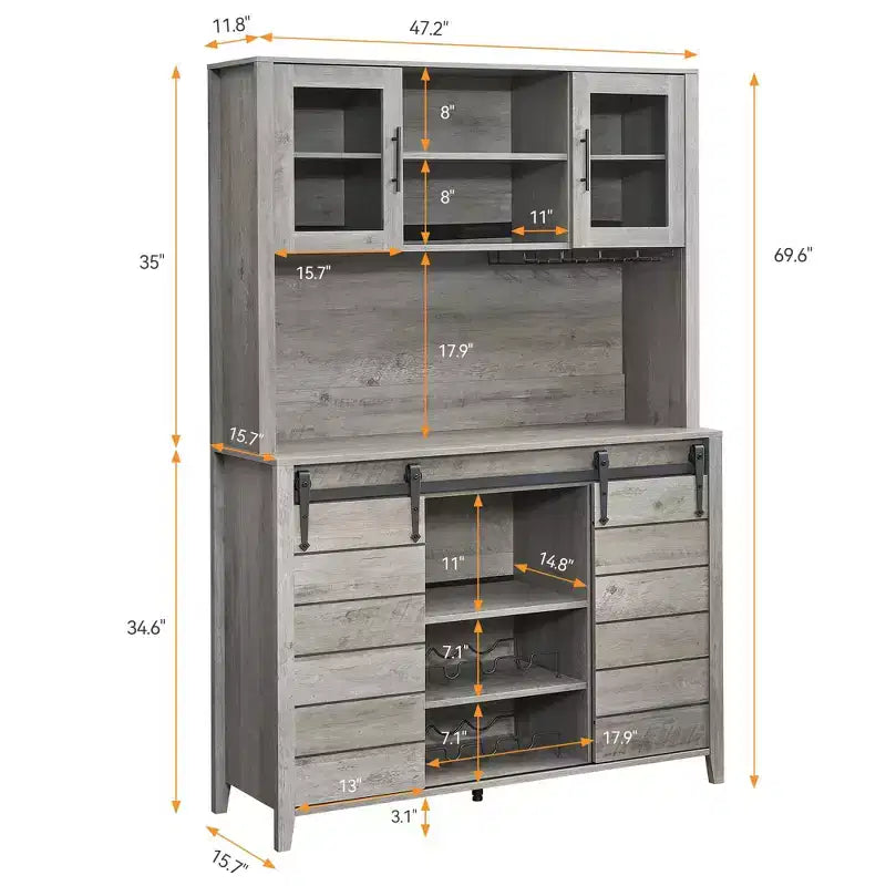 70'' Farmhouse Coffee Bar Cabinet, Liquor Cabinet with Glass Doors & Wine Racks, Kitchen Hutch Buffet Cabinet for Living Room Apartment