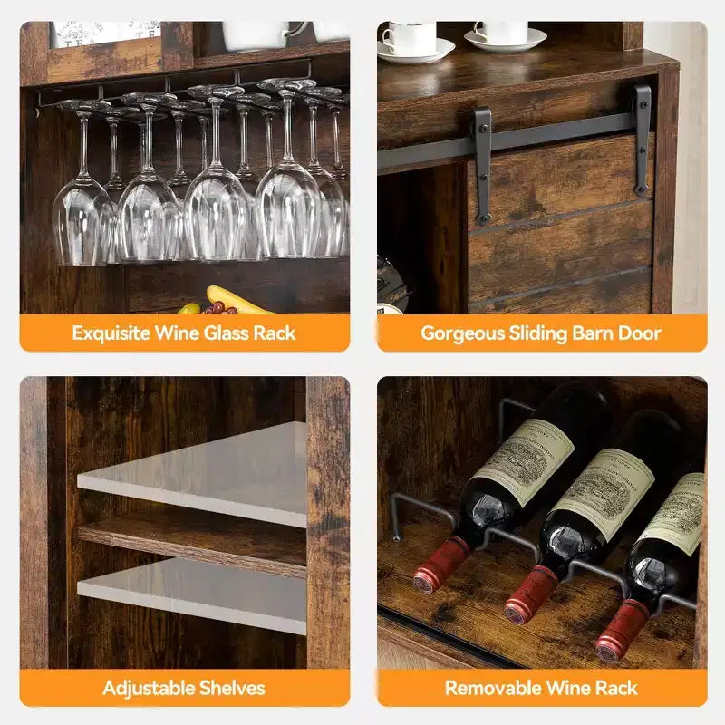 70'' Farmhouse Coffee Bar Cabinet, Liquor Cabinet with Glass Doors & Wine Racks, Kitchen Hutch Buffet Cabinet for Living Room Apartment