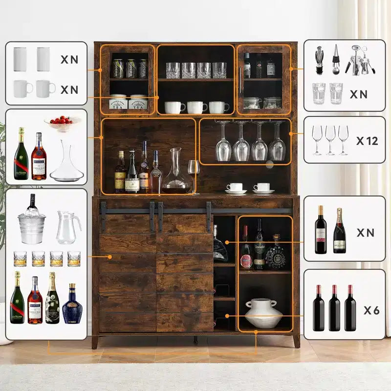 70'' Farmhouse Coffee Bar Cabinet, Liquor Cabinet with Glass Doors & Wine Racks, Kitchen Hutch Buffet Cabinet for Living Room Apartment