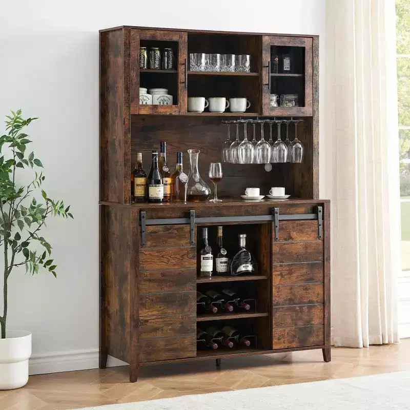 70'' Farmhouse Coffee Bar Cabinet, Liquor Cabinet with Glass Doors & Wine Racks, Kitchen Hutch Buffet Cabinet for Living Room Apartment