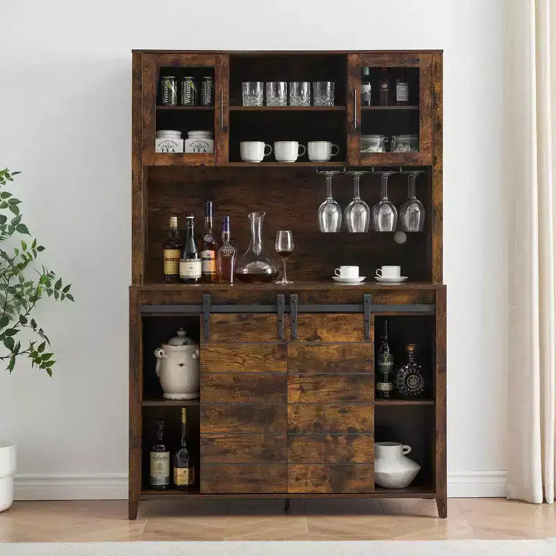 70'' Farmhouse Coffee Bar Cabinet, Liquor Cabinet with Glass Doors & Wine Racks, Kitchen Hutch Buffet Cabinet for Living Room Apartment