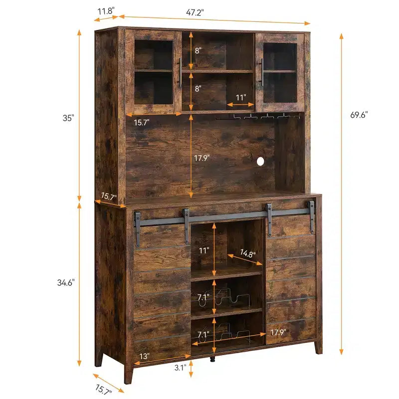 70'' Farmhouse Coffee Bar Cabinet, Liquor Cabinet with Glass Doors & Wine Racks, Kitchen Hutch Buffet Cabinet for Living Room Apartment