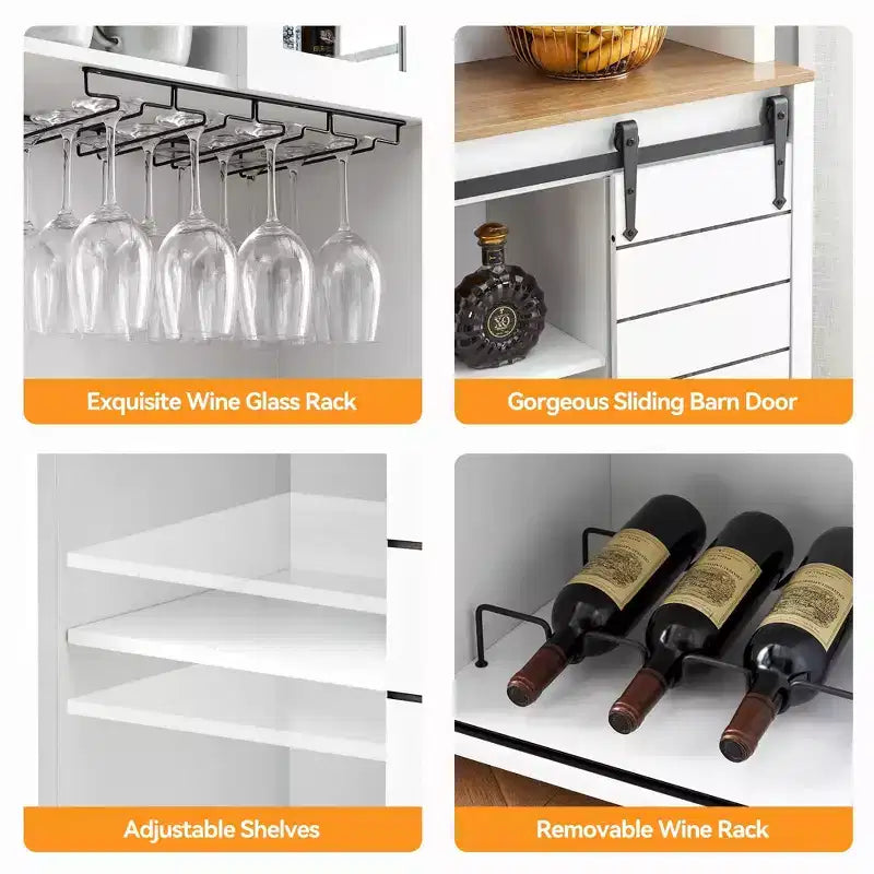 70'' Farmhouse Coffee Bar Cabinet, Liquor Cabinet with Glass Doors & Wine Racks, Kitchen Hutch Buffet Cabinet for Living Room Apartment