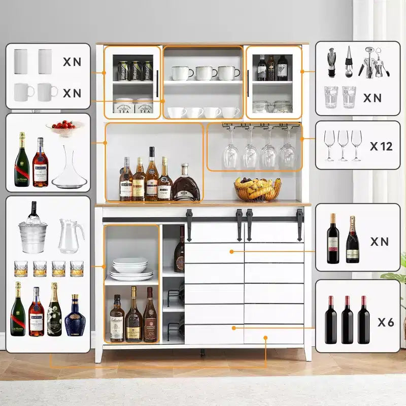 70'' Farmhouse Coffee Bar Cabinet, Liquor Cabinet with Glass Doors & Wine Racks, Kitchen Hutch Buffet Cabinet for Living Room Apartment