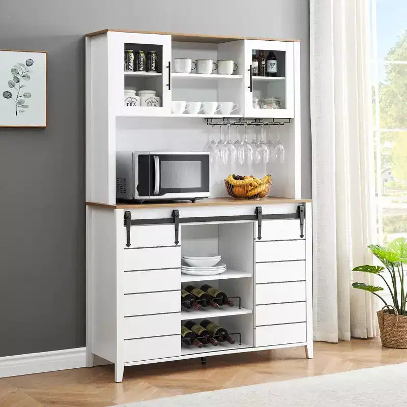 70'' Farmhouse Coffee Bar Cabinet, Liquor Cabinet with Glass Doors & Wine Racks, Kitchen Hutch Buffet Cabinet for Living Room Apartment