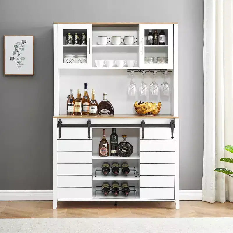 70'' Farmhouse Coffee Bar Cabinet, Liquor Cabinet with Glass Doors & Wine Racks, Kitchen Hutch Buffet Cabinet for Living Room Apartment