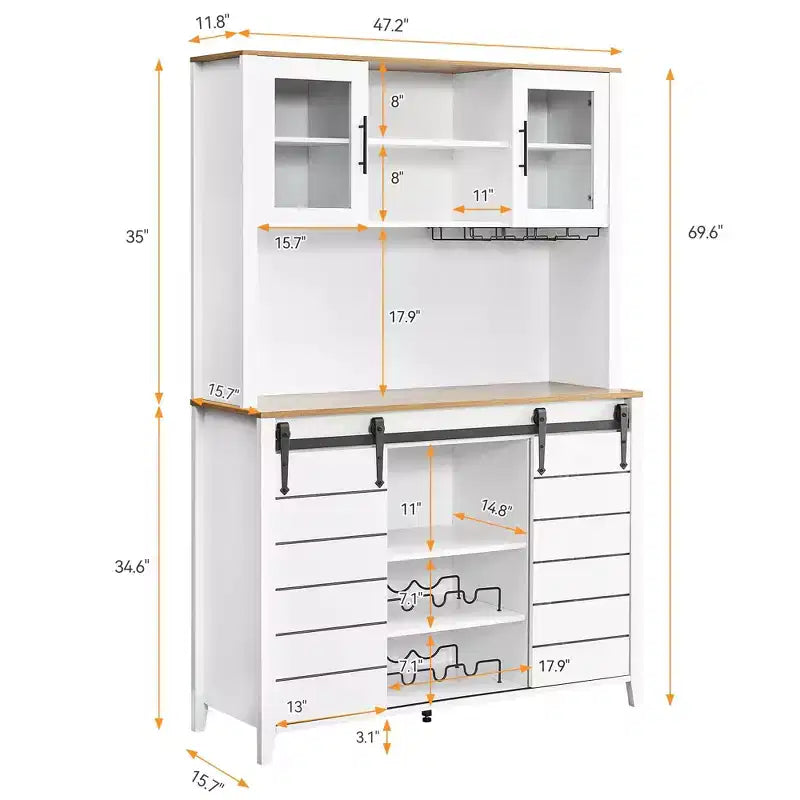 70'' Farmhouse Coffee Bar Cabinet, Liquor Cabinet with Glass Doors & Wine Racks, Kitchen Hutch Buffet Cabinet for Living Room Apartment
