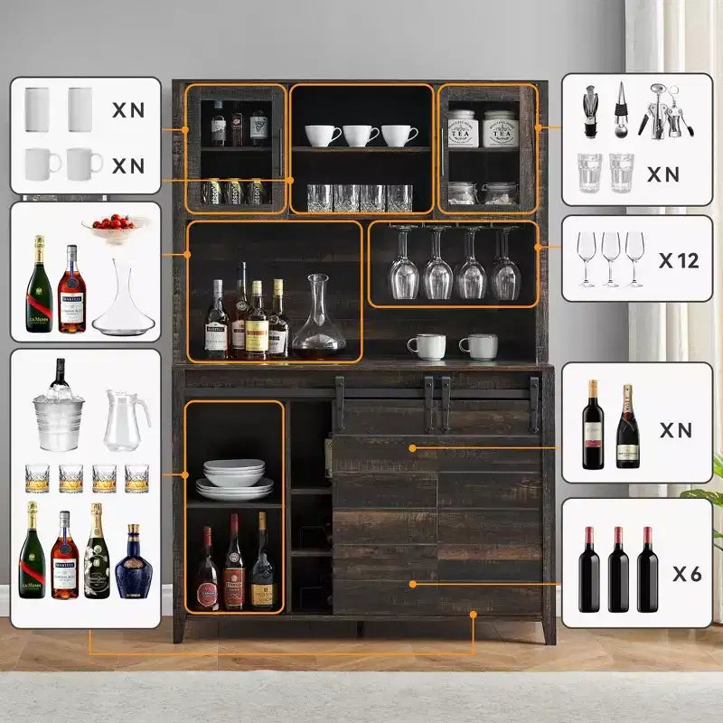 70'' Farmhouse Coffee Bar Cabinet, Liquor Cabinet with Glass Doors & Wine Racks, Kitchen Hutch Buffet Cabinet for Living Room Apartment