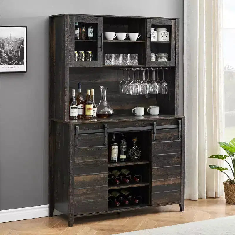 70'' Farmhouse Coffee Bar Cabinet, Liquor Cabinet with Glass Doors & Wine Racks, Kitchen Hutch Buffet Cabinet for Living Room Apartment