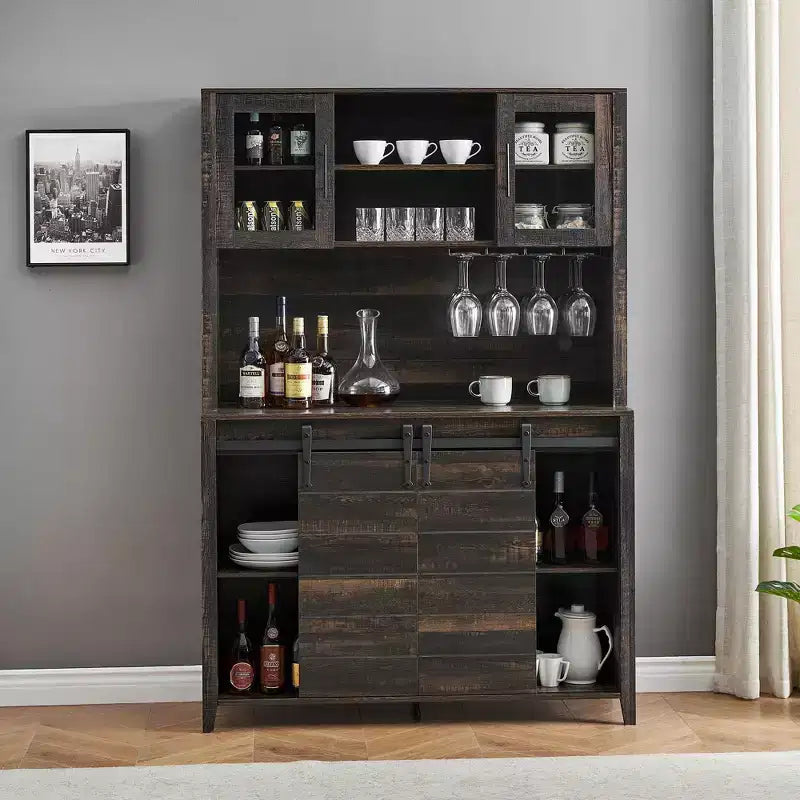 70'' Farmhouse Coffee Bar Cabinet, Liquor Cabinet with Glass Doors & Wine Racks, Kitchen Hutch Buffet Cabinet for Living Room Apartment