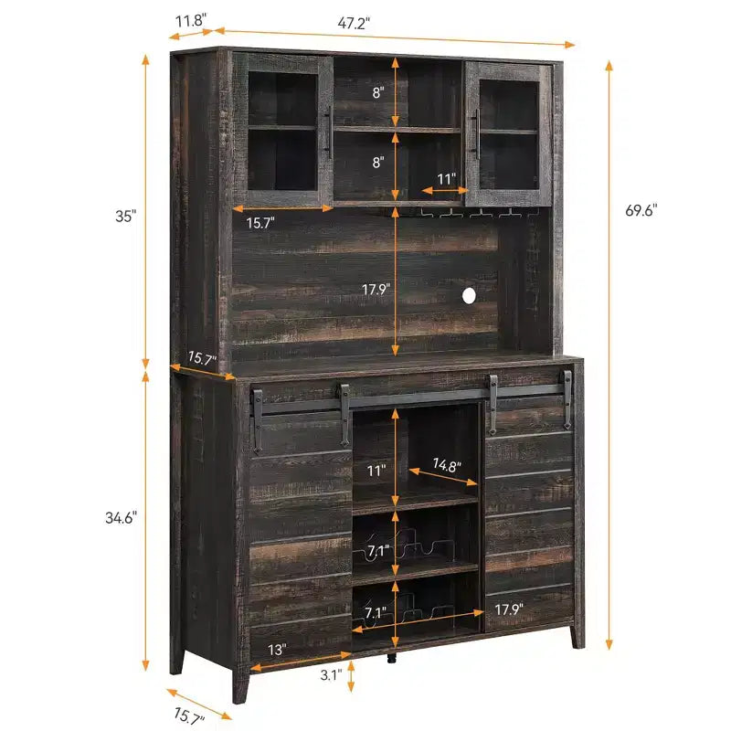 70'' Farmhouse Coffee Bar Cabinet, Liquor Cabinet with Glass Doors & Wine Racks, Kitchen Hutch Buffet Cabinet for Living Room Apartment