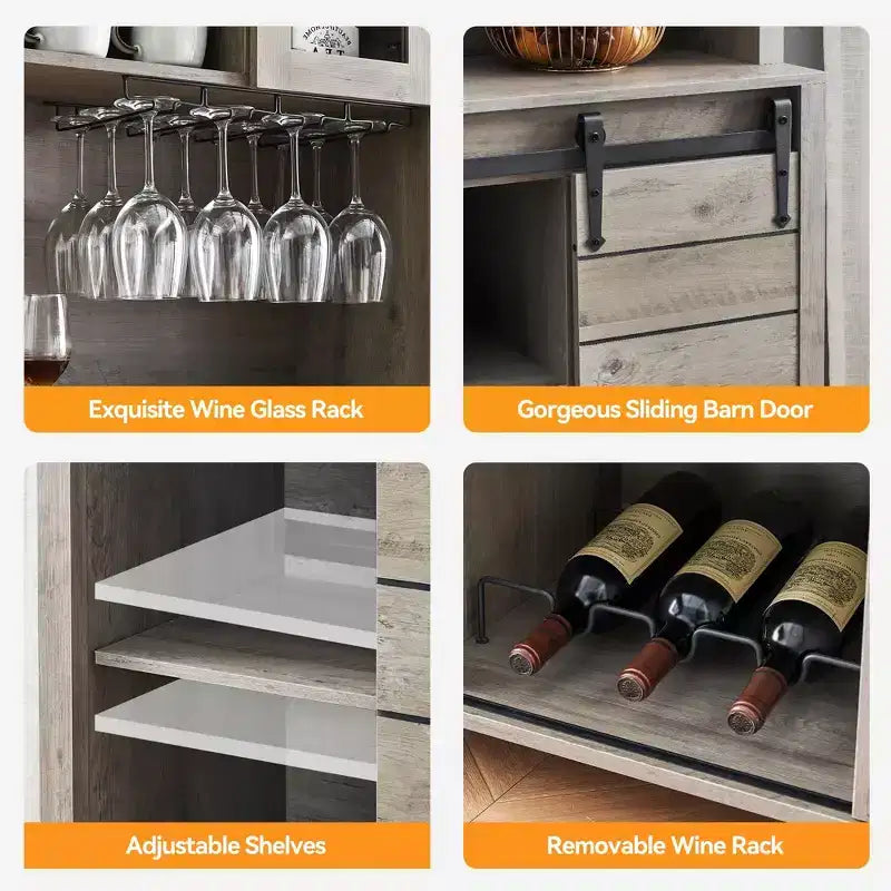 70'' Farmhouse Coffee Bar Cabinet, Liquor Cabinet with Glass Doors & Wine Racks, Kitchen Hutch Buffet Cabinet for Living Room Apartment