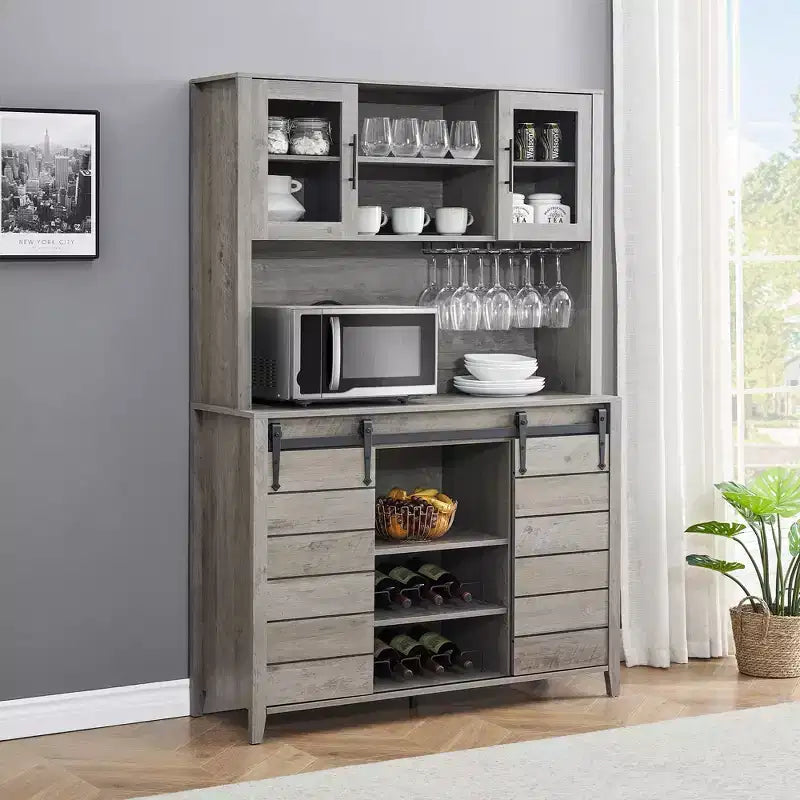 70'' Farmhouse Coffee Bar Cabinet, Liquor Cabinet with Glass Doors & Wine Racks, Kitchen Hutch Buffet Cabinet for Living Room Apartment