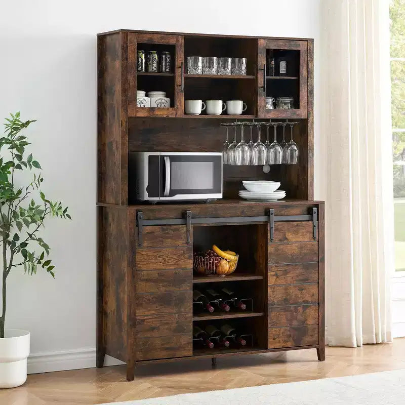 70'' Farmhouse Coffee Bar Cabinet, Liquor Cabinet with Glass Doors & Wine Racks, Kitchen Hutch Buffet Cabinet for Living Room Apartment