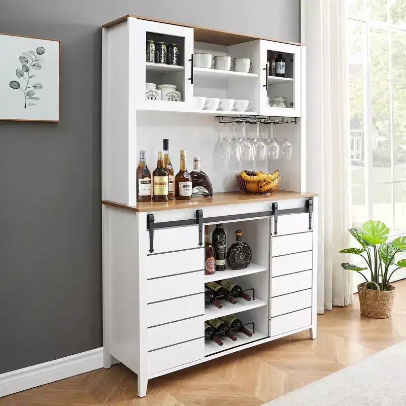 70'' Farmhouse Coffee Bar Cabinet, Liquor Cabinet with Glass Doors & Wine Racks, Kitchen Hutch Buffet Cabinet for Living Room Apartment